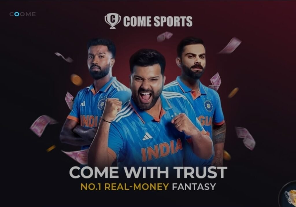Come Sports fantasy gaming banner showing professional cricket players in blue jerseys promoting a trusted real-money fantasy sports platform come app