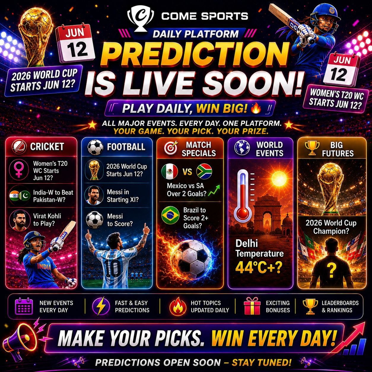 Come11 APK download page featuring fantasy cricket contests, sports gaming, and World Cup predictions.